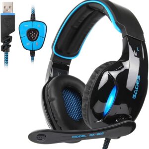 SADES SA902 Stereo Gaming Headset 7.1 USB Surround Sound PC Headsets Over-Ear Gaming Headphones with Microphone LED Light Black Blue